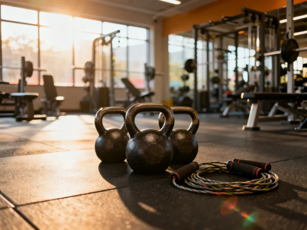 Profesjonalny zestaw kettlebells i skakanka na podłodze siłowni, gotowe do treningu obwodowego.