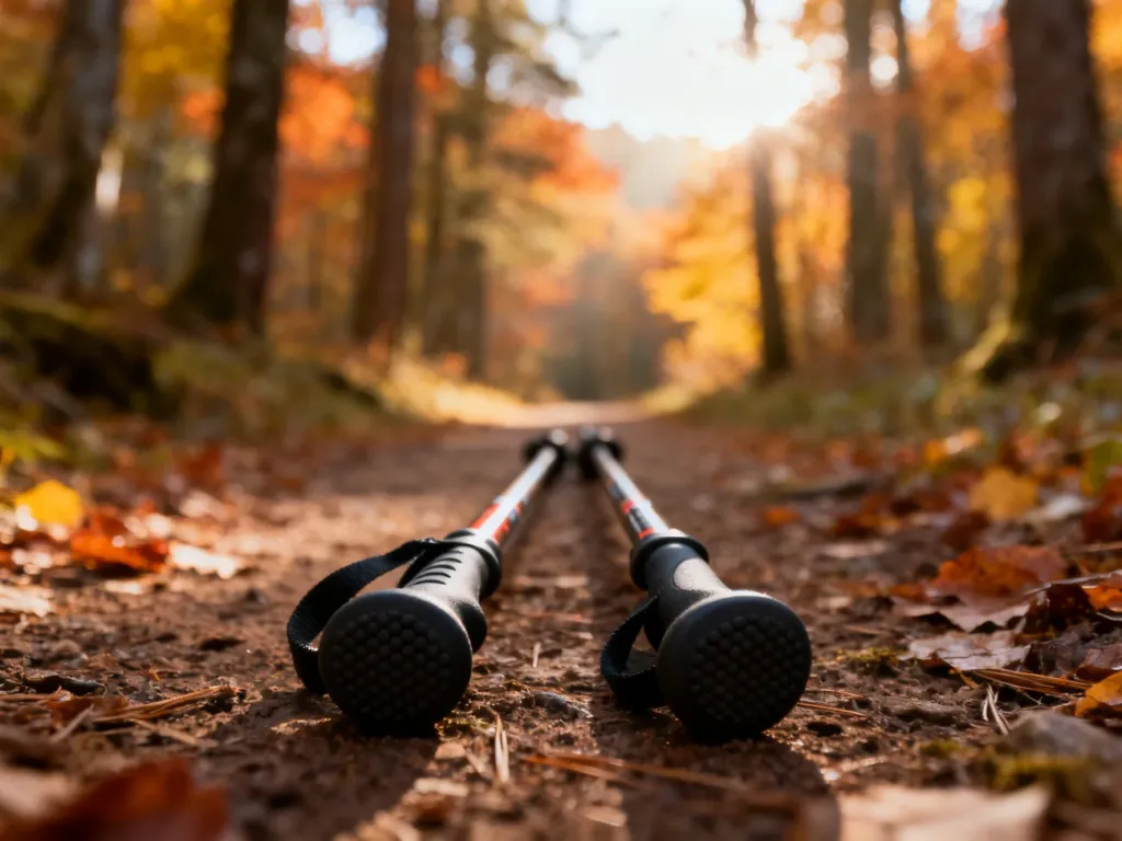 Profesjonalne kijki do nordic walking na leśnej ścieżce w jesiennym słońcu, gotowe do rozpoczęcia treningu.